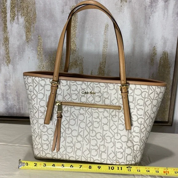 Calvin Klein Monogram White and Tan Tote Bag - Picture 2 of 7